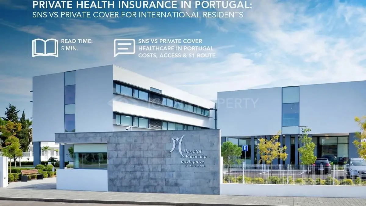 Modern private hospital building in the Algarve under a blue sky, illustrating a guide to private health insurance versus the SNS in Portugal.