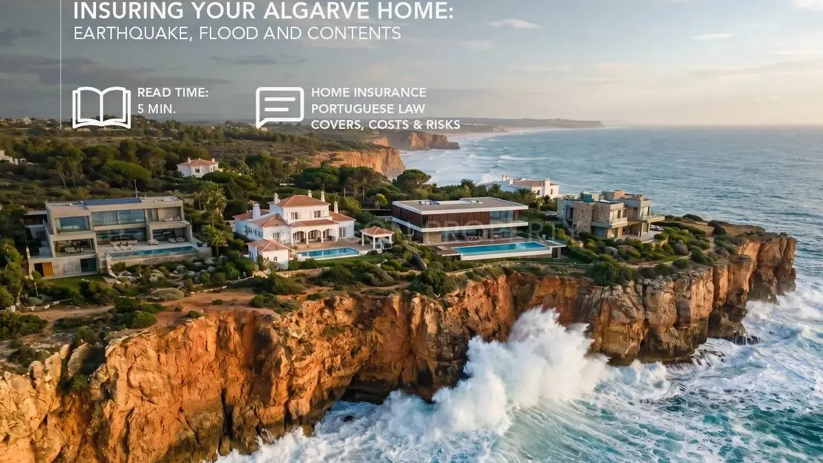 Clifftop luxury real estate in Algarve, Portugal — aerial view of the Atlantic coast.